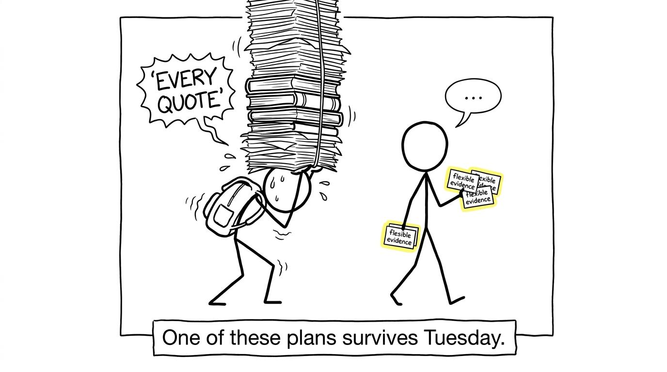A huge quotation pile competes with five practical evidence cards