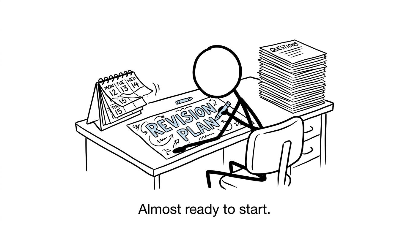 A student perfecting a revision-plan title while the questions wait