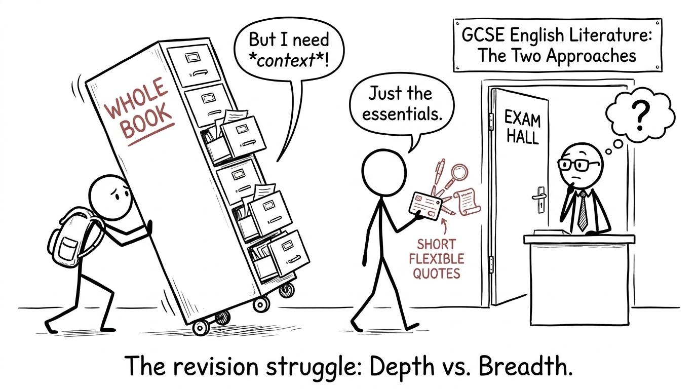 One student struggles with a whole-book filing cabinet while another carries flexible short quotations