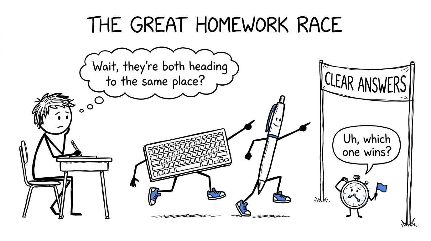A keyboard and pen compete in a revision race towards clear answers