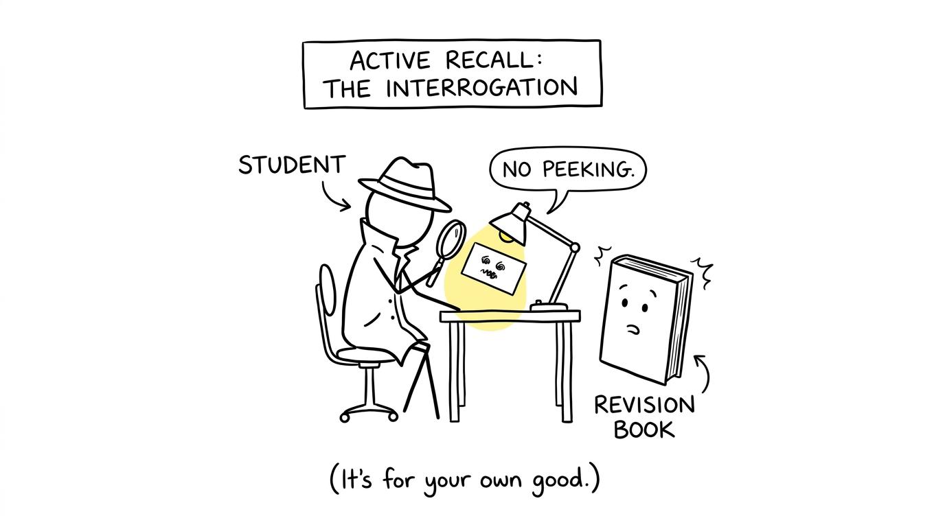 A flashcard detective insisting on no peeking during active recall
