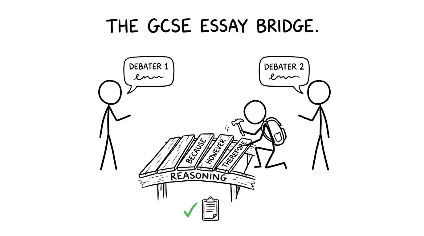 A student builds a reasoning bridge between two debaters using because, however and therefore