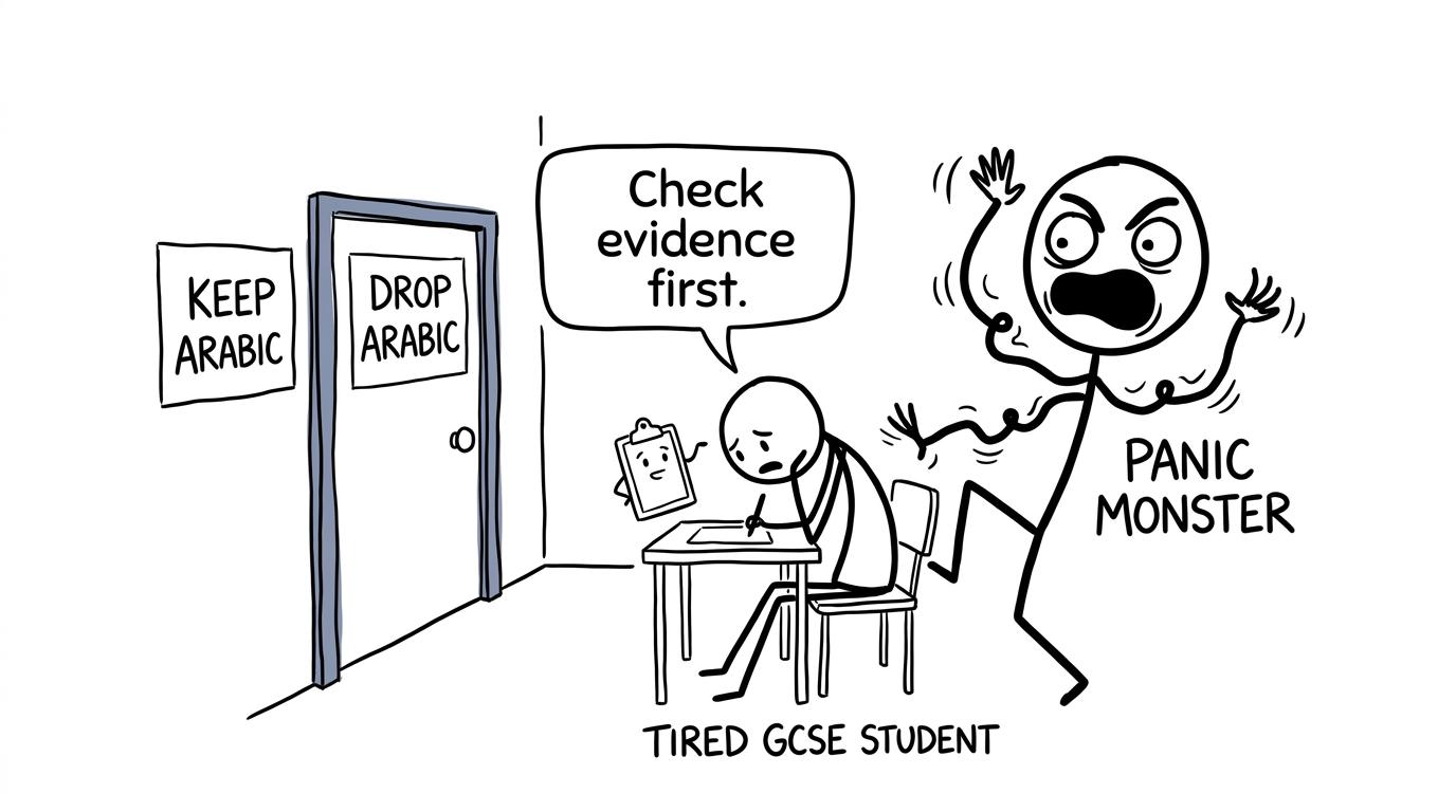 A student choosing between keeping and dropping Arabic while a panic monster offers unhelpful advice