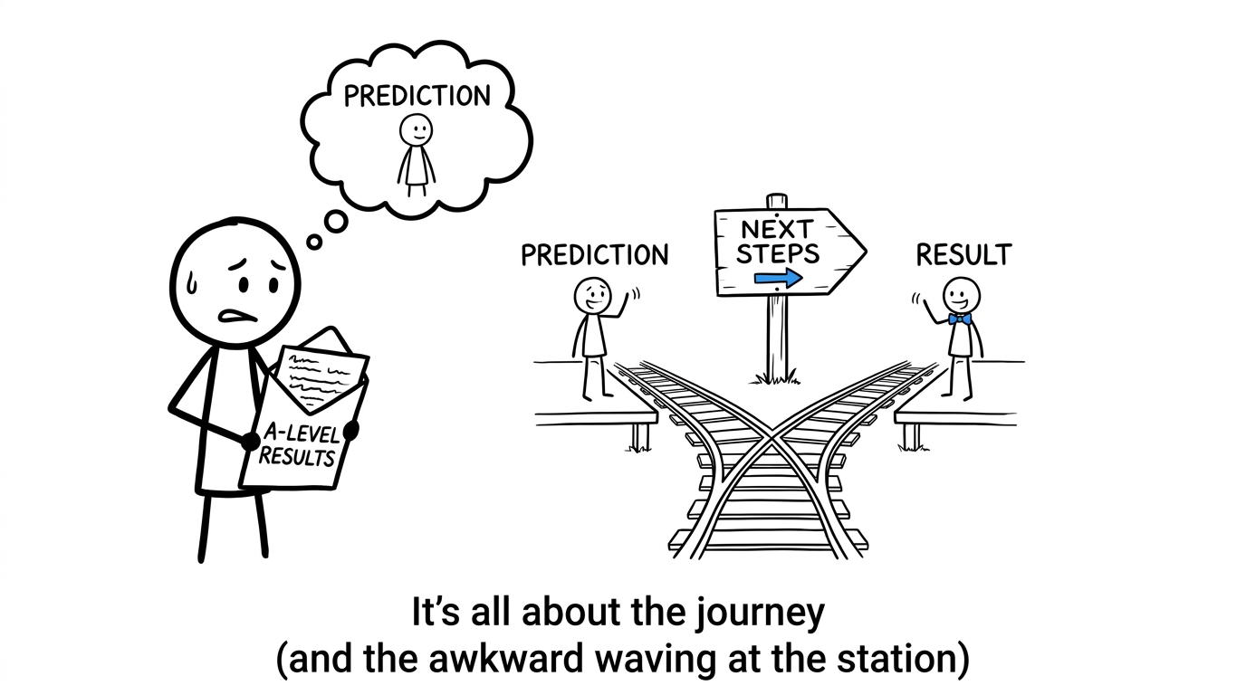 A student watches Prediction and Result arrive at different platforms