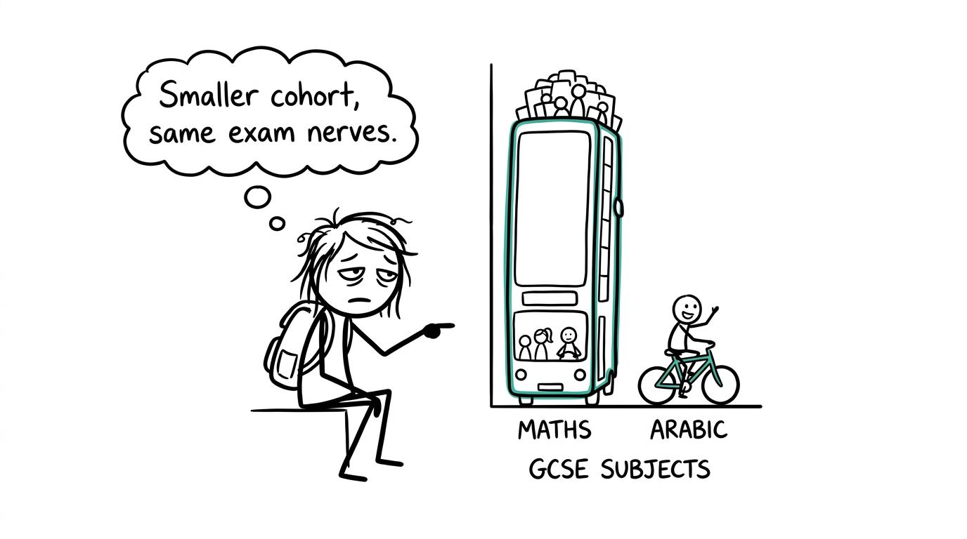 A GCSE student comparing a crowded maths bus with a cheerful Arabic bicycle