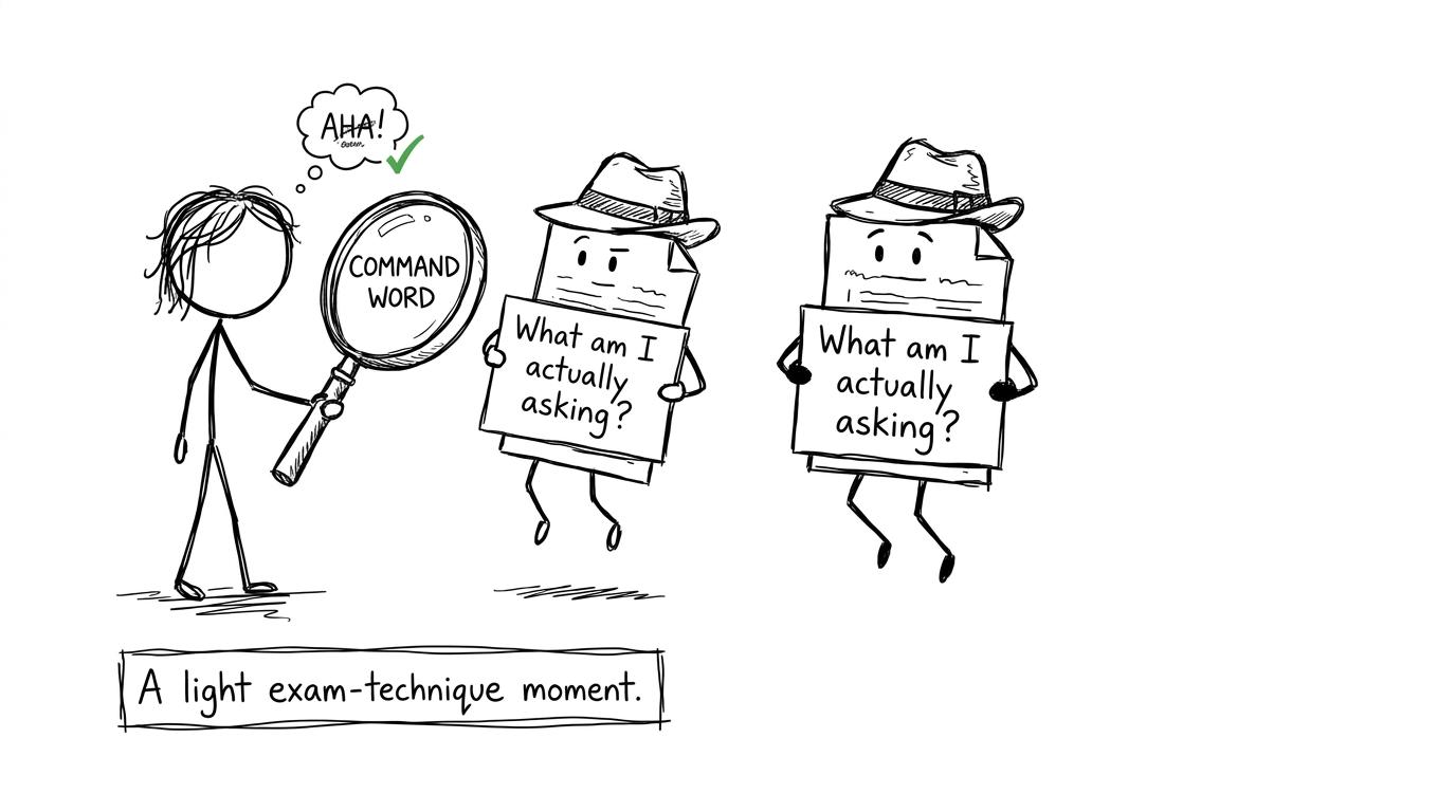 An exam question asks what it is actually asking while a student inspects its command word