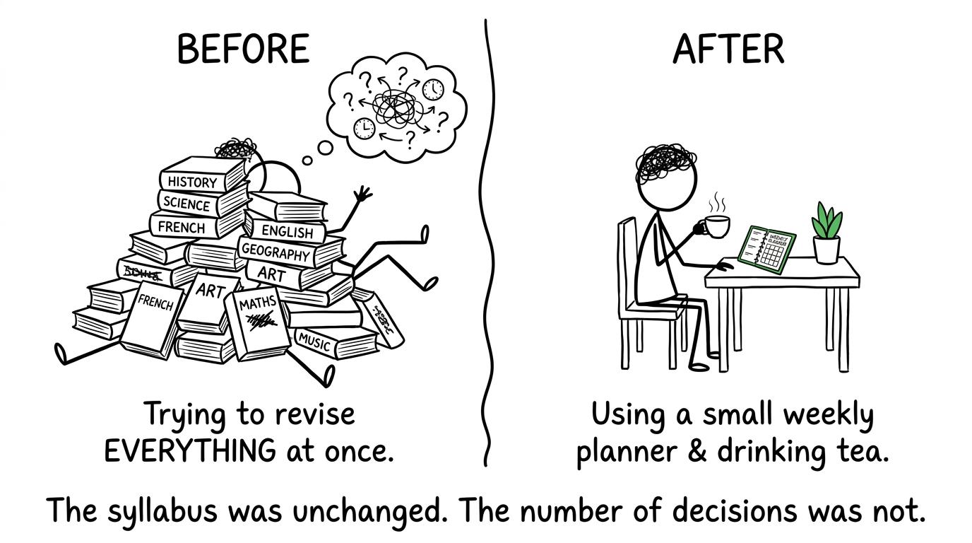 A mountain of revision books becomes manageable when a student uses a weekly planner