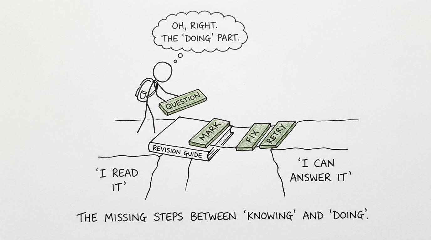A revision bridge becomes solid only after question, marking, correction and retry are added