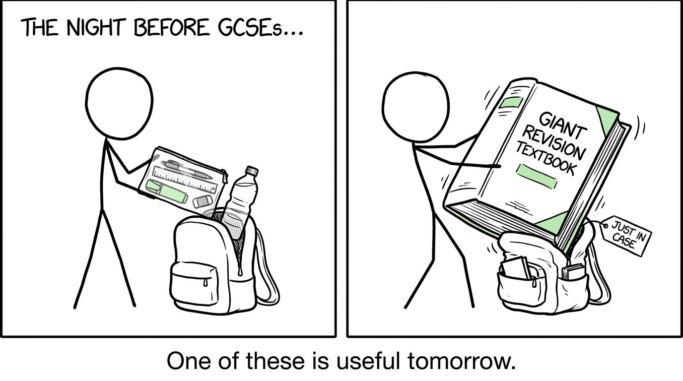 One student packs calmly while another packs an enormous textbook