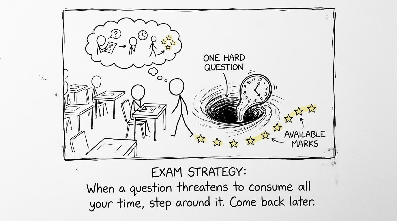 A student calmly walks around the black hole of one hard question towards available marks