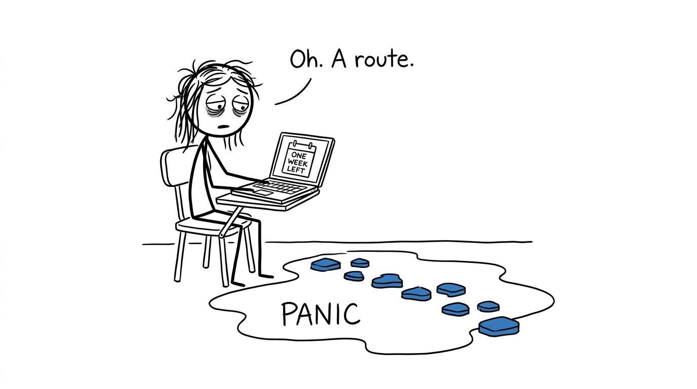 A student discovers seven stepping stones across a puddle labelled panic