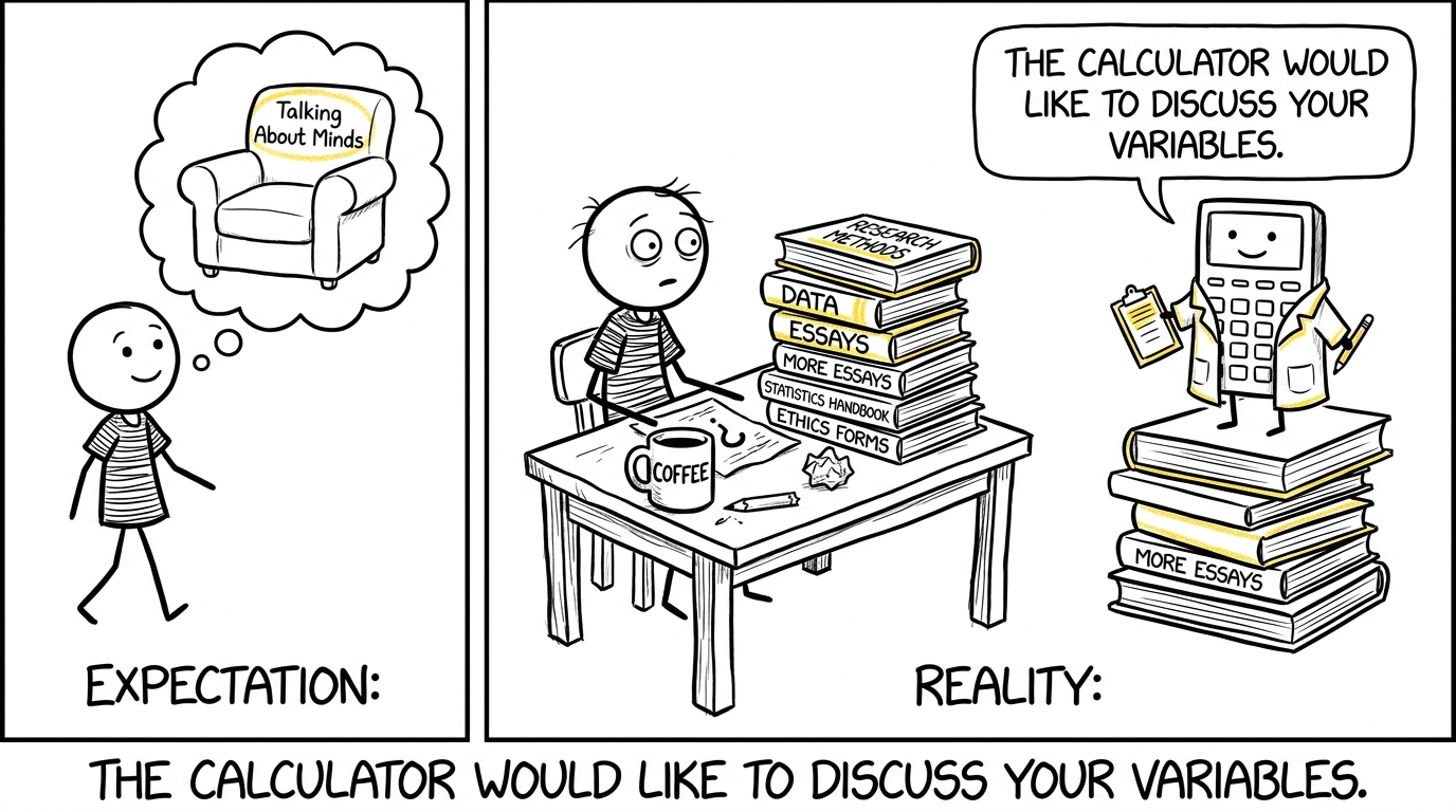 A calculator in a lab coat introduces research methods to a surprised psychology student