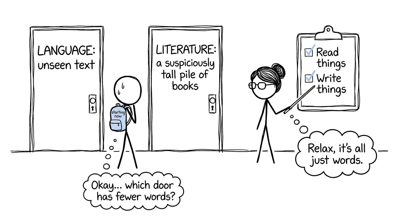 A student choosing between English Language and Literature while carrying a small starting-now backpack