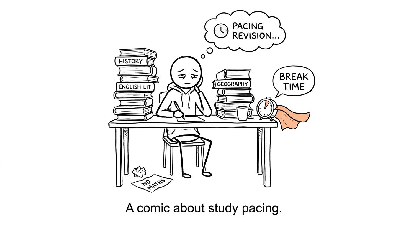A kitchen timer rescues a tired student from an overflowing revision desk