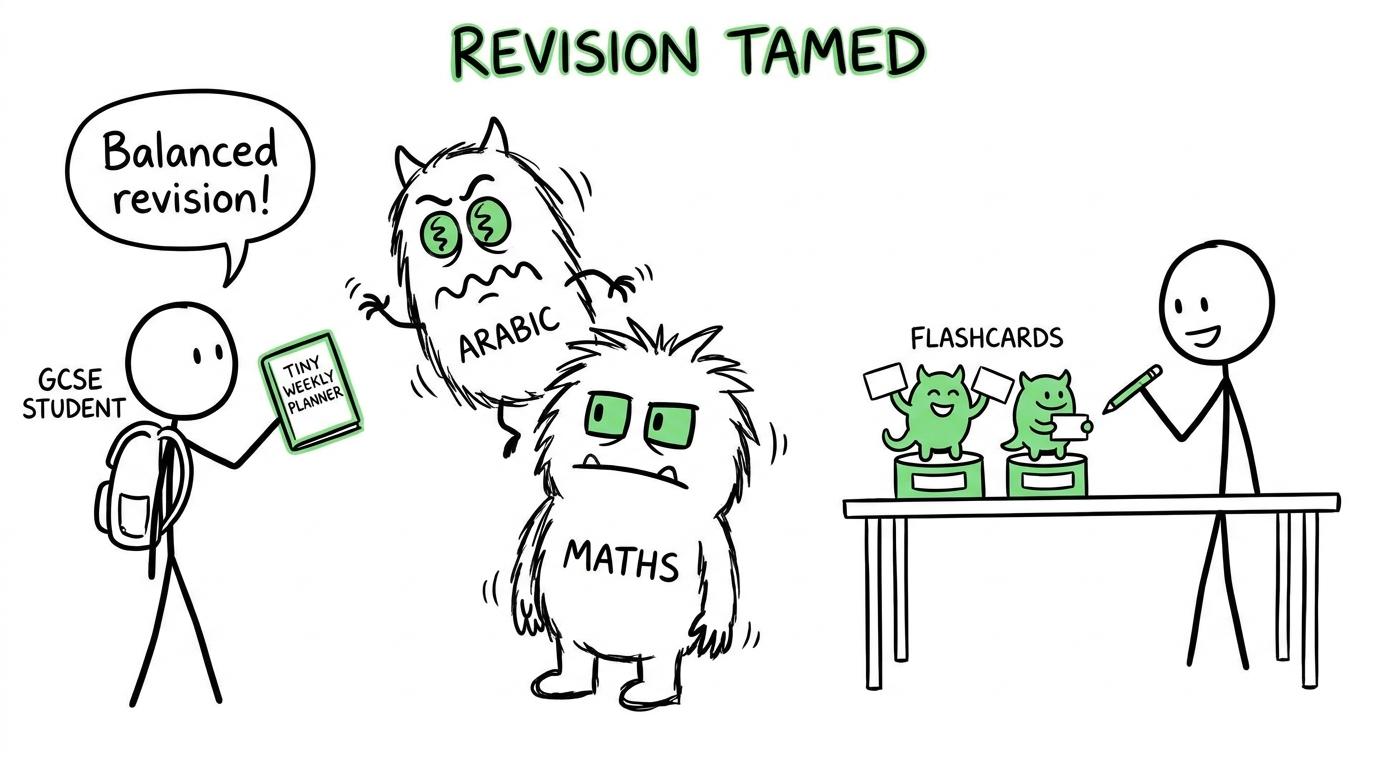A student using a small weekly planner to turn giant Arabic and maths monsters into manageable revision pets