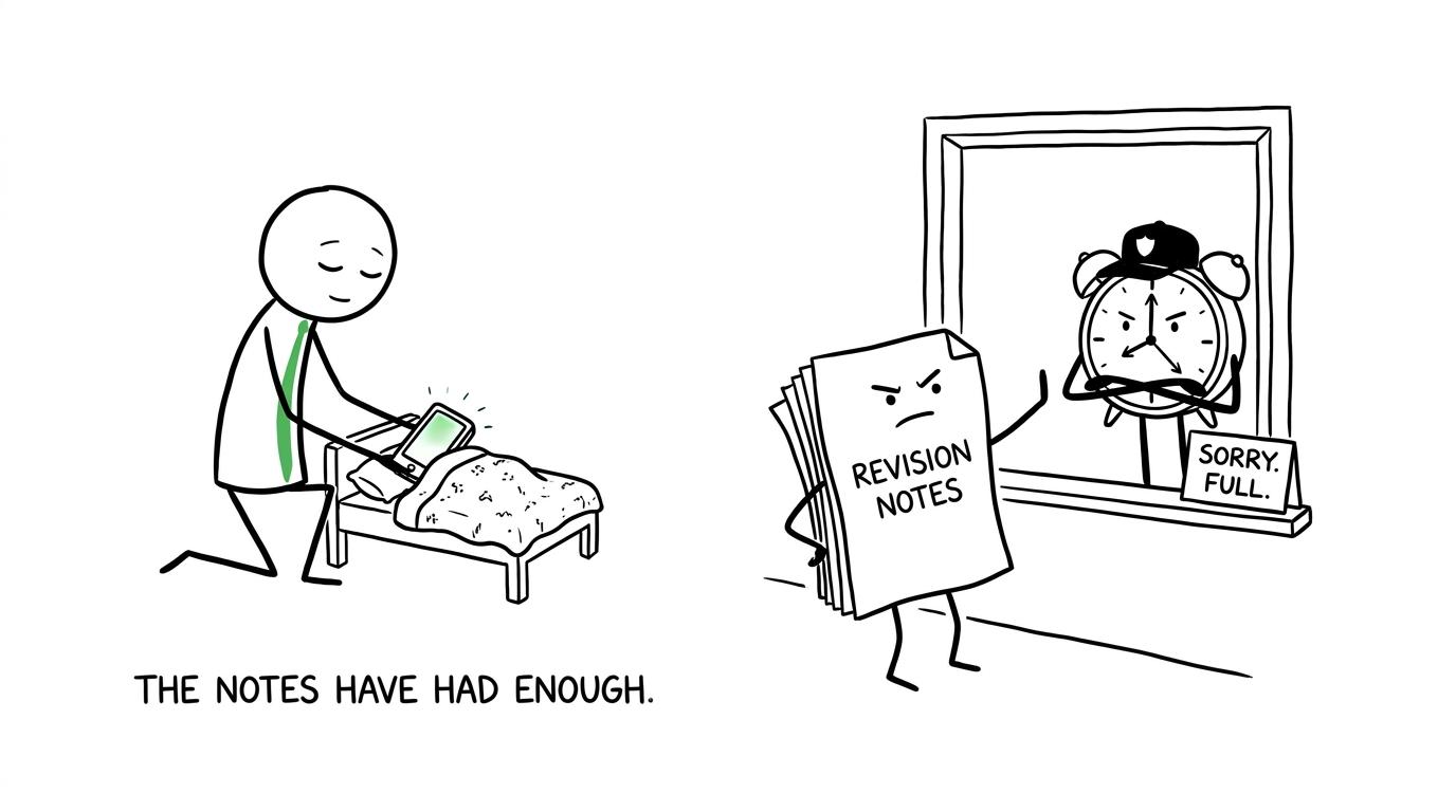 An alarm clock stops revision notes from interrupting sleep