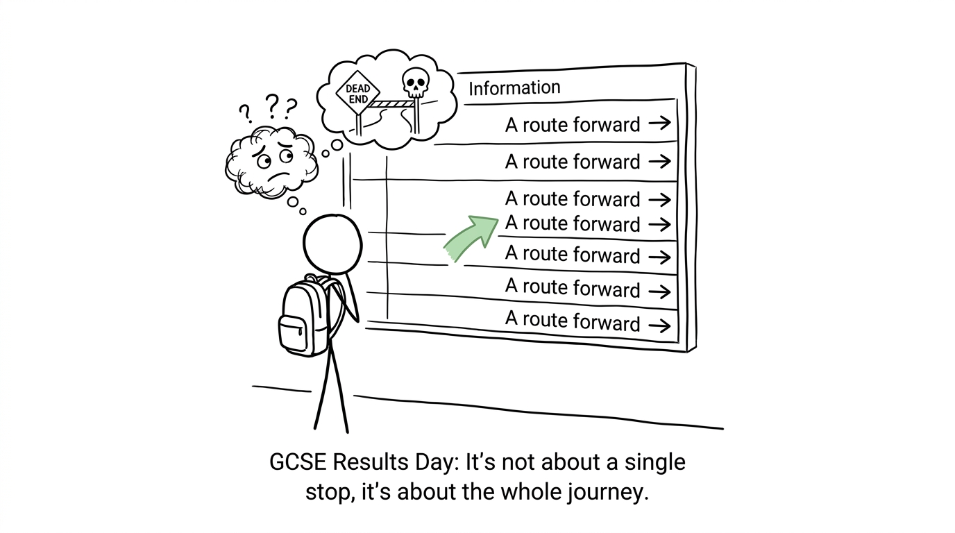 A student discovers that the results-day information board shows several routes forward