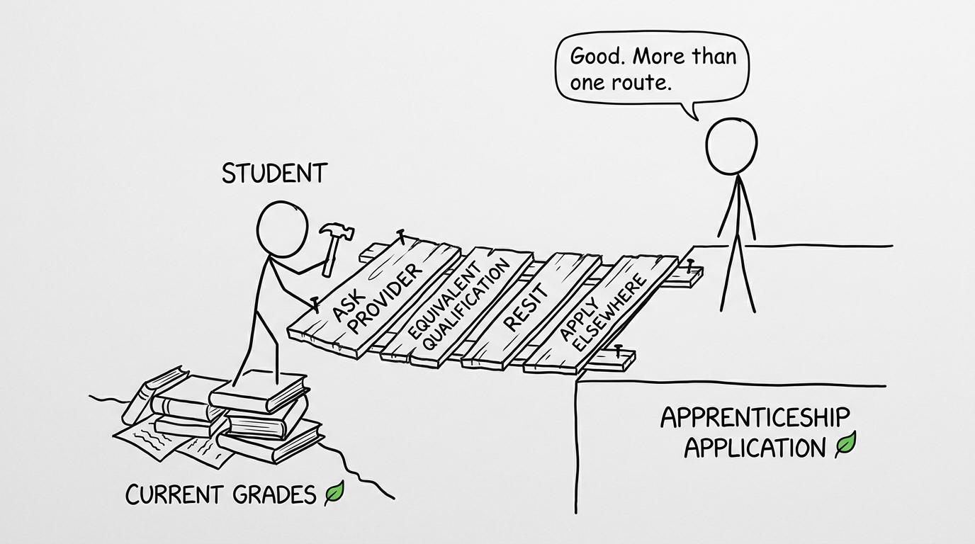 A student builds several routes from current grades towards an apprenticeship application