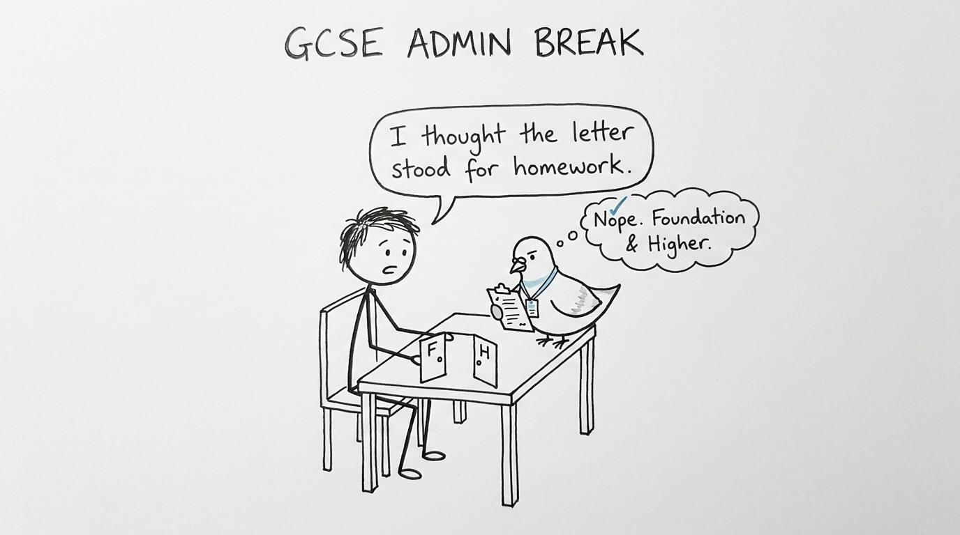 A student, two exam-tier doors and an unusually serious administrative pigeon