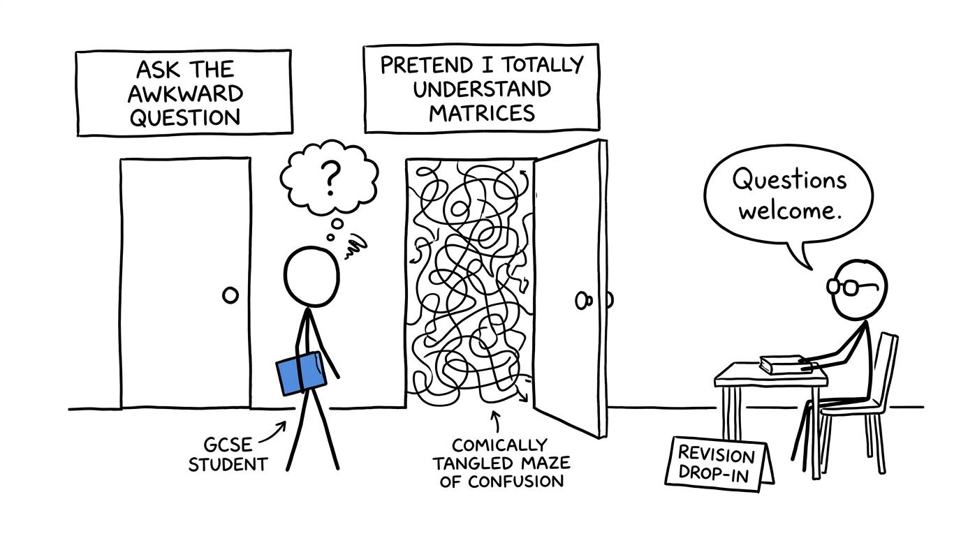 A student chooses between asking a question and pretending to understand matrices