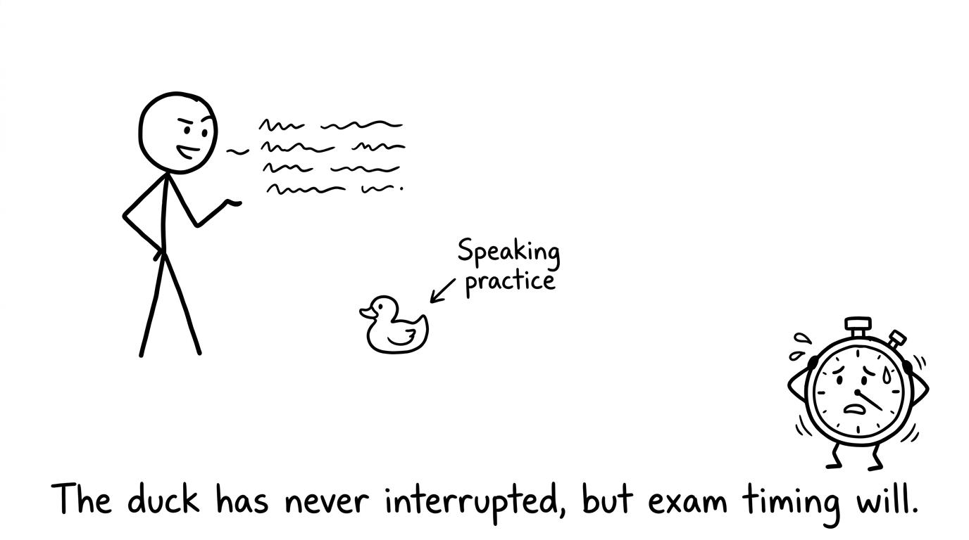 A student rehearses GCSE speaking with a patient rubber duck while the stopwatch waits