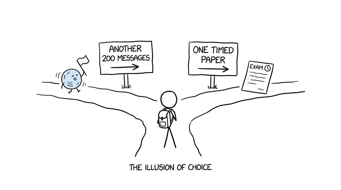 A student chooses between reading another two hundred messages and completing one timed paper