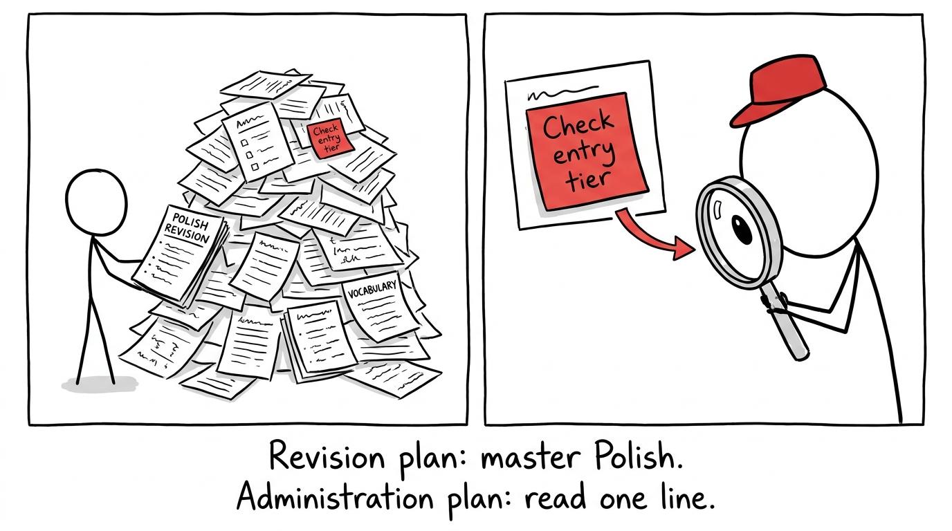 A huge revision pile beside one important sticky note reminding a student to check the entry tier