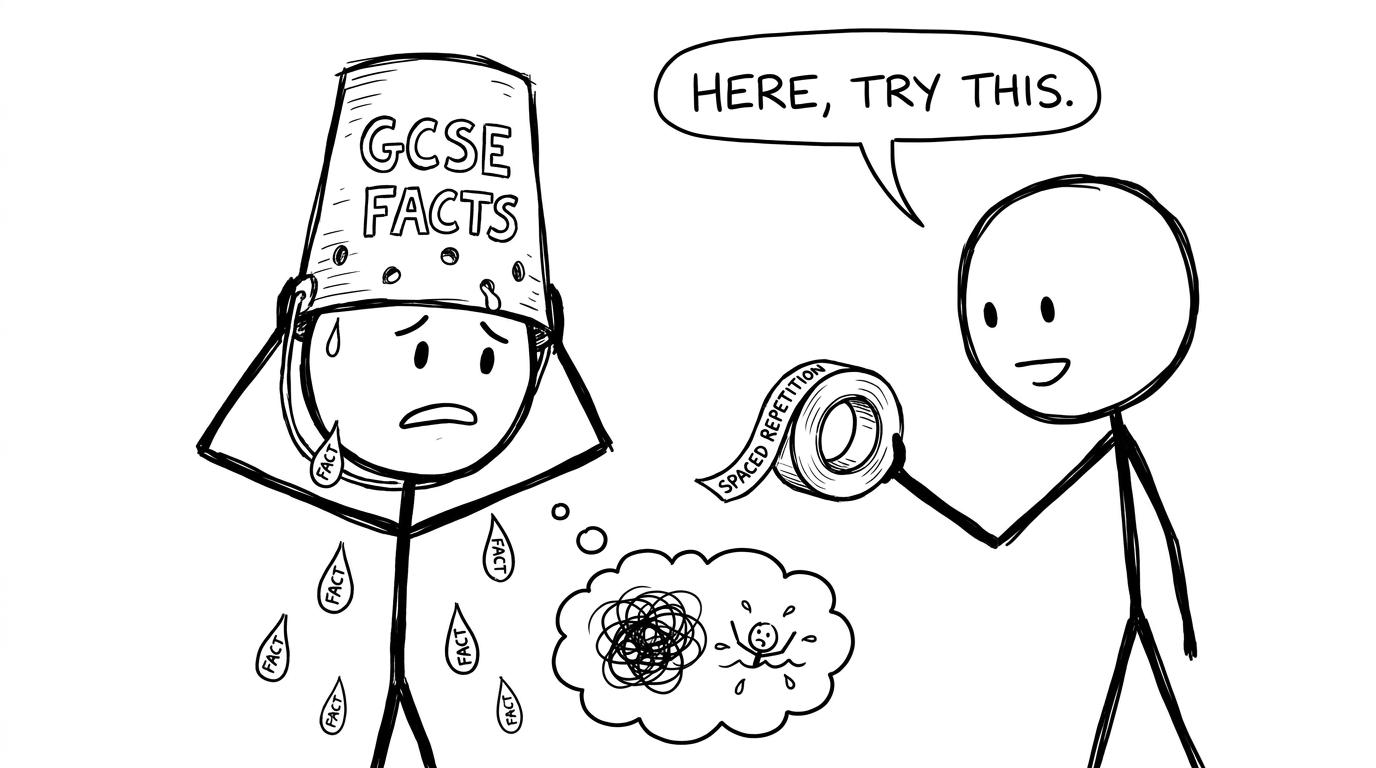 A brain as a leaky bucket labelled GCSE facts