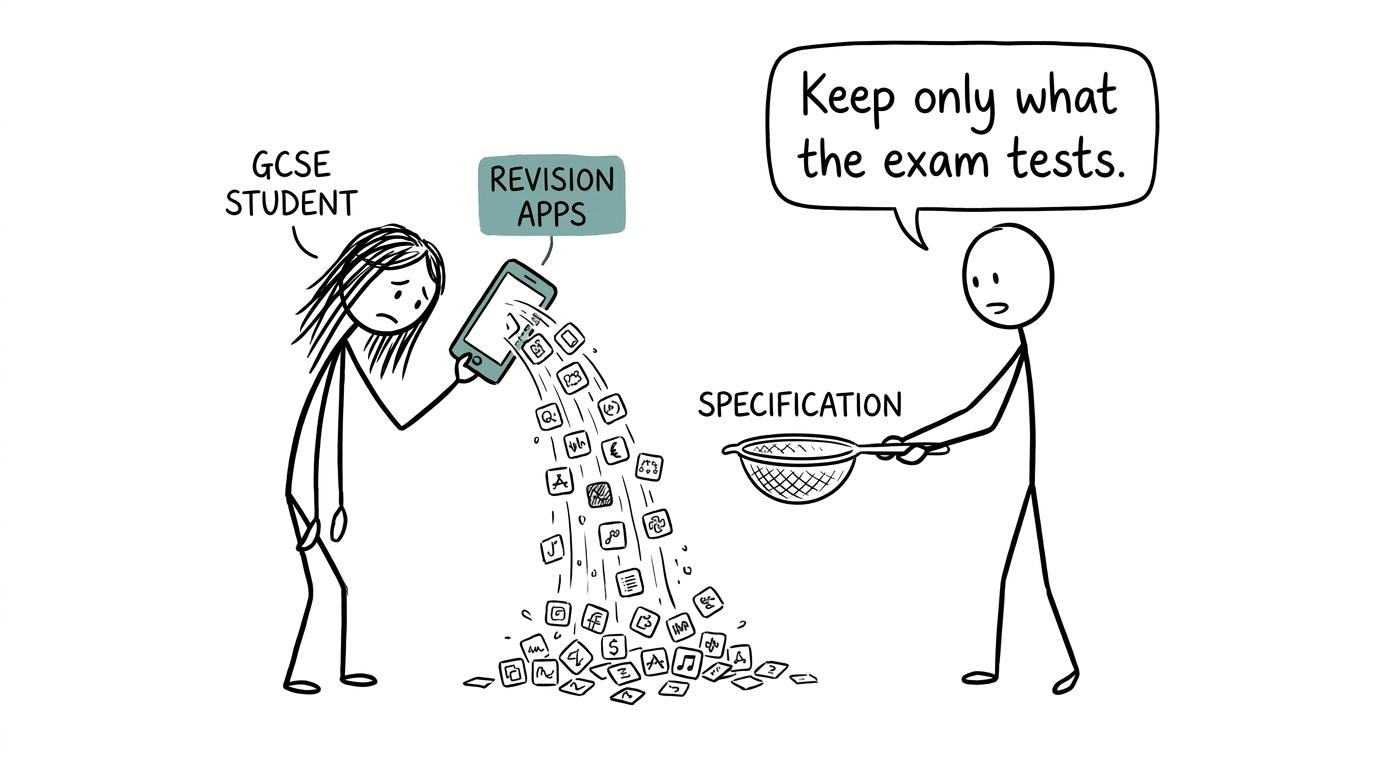 A student filters an overwhelming waterfall of revision apps through the exam specification