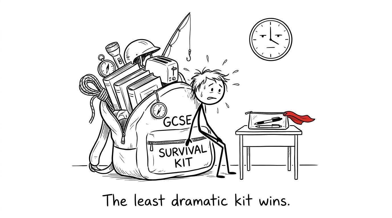A heroic clear pencil case quietly defeats an enormous overpacked exam bag