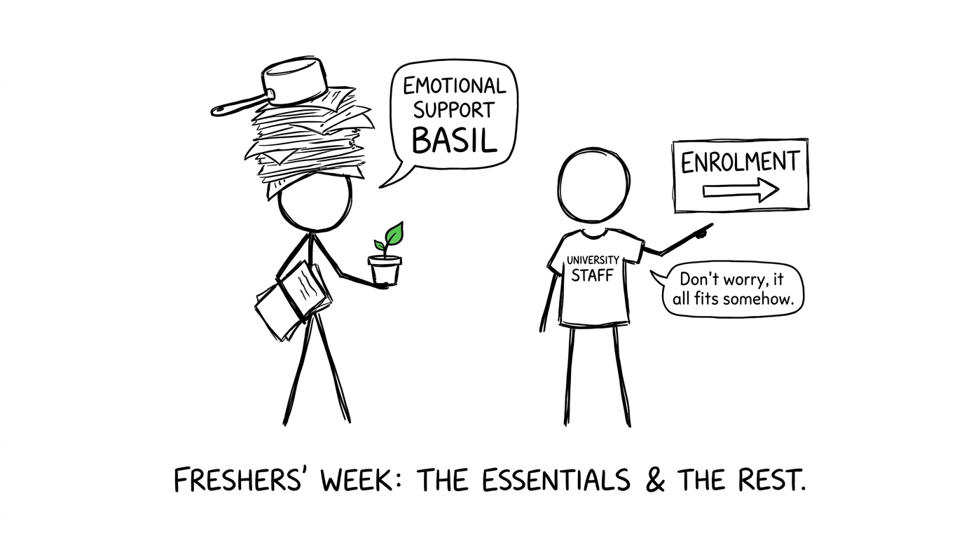 A student arriving at enrolment with forms, one saucepan and emotional support basil