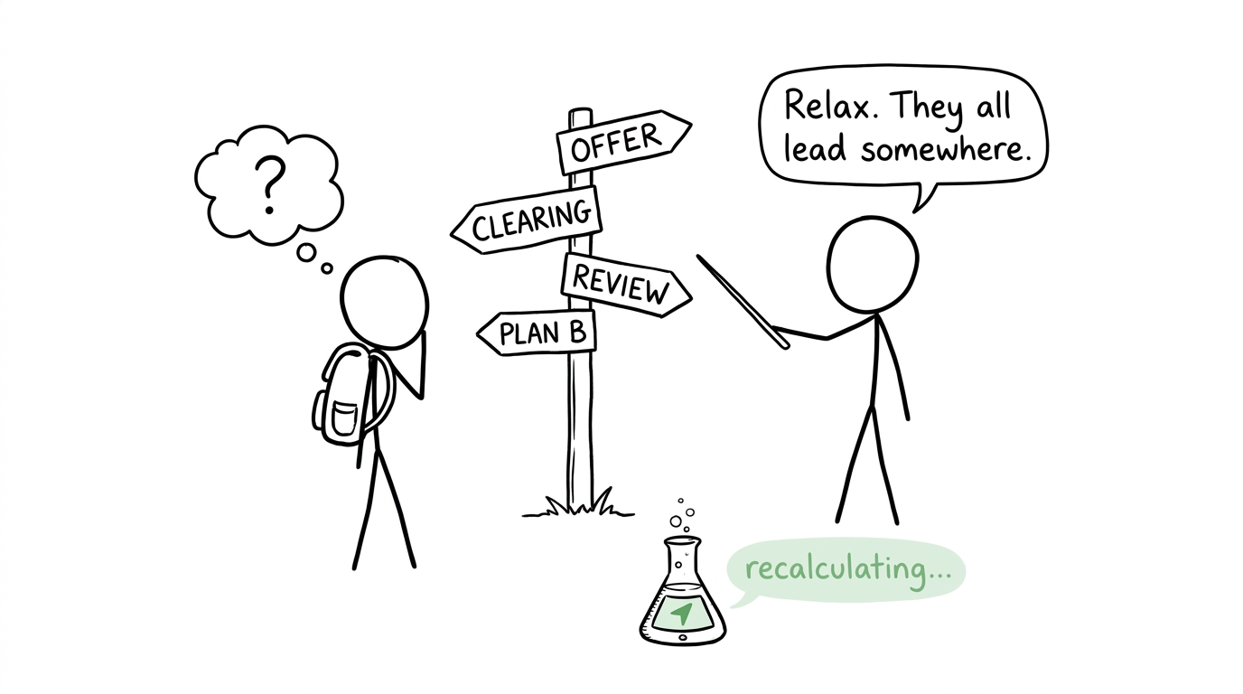 A student considers several results-day paths while a tiny chemistry beaker acts as a satnav