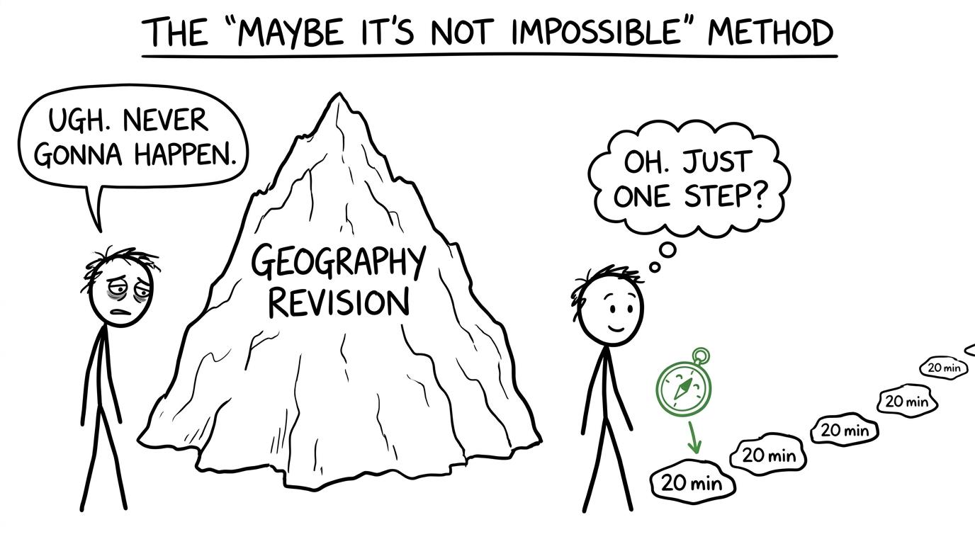 A student discovers that a huge geography revision mountain can be climbed in daily 20-minute steps