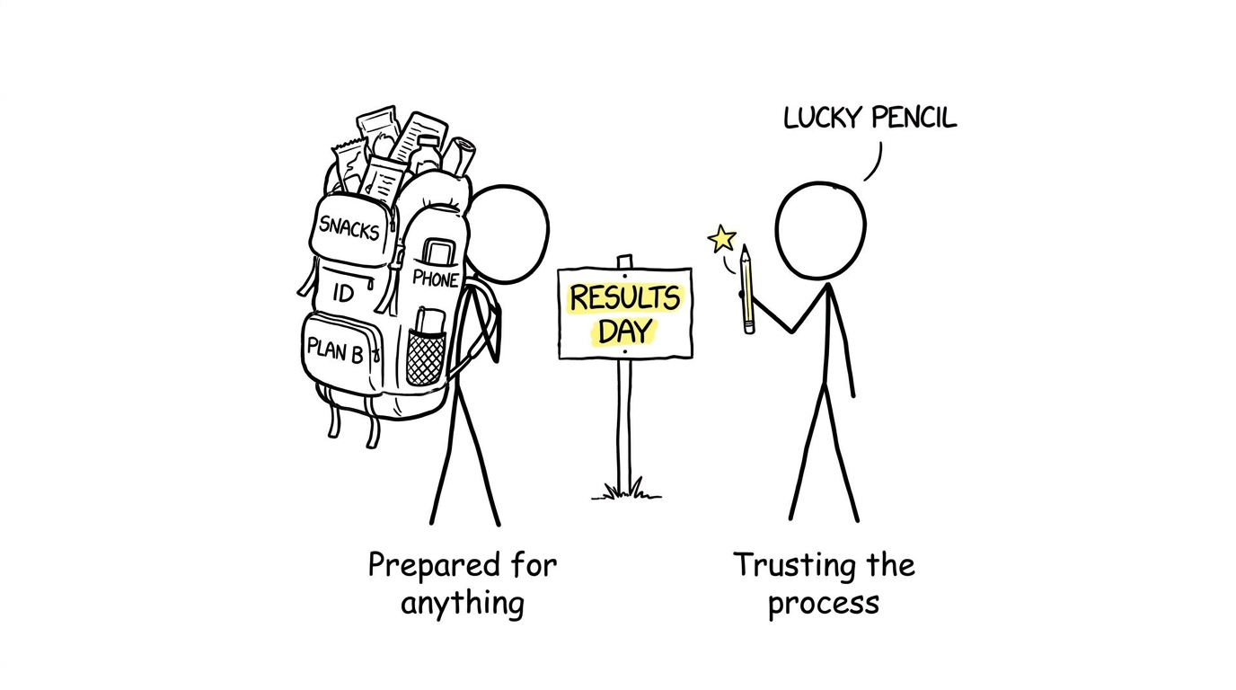 An extremely prepared student brings a results-day expedition backpack
