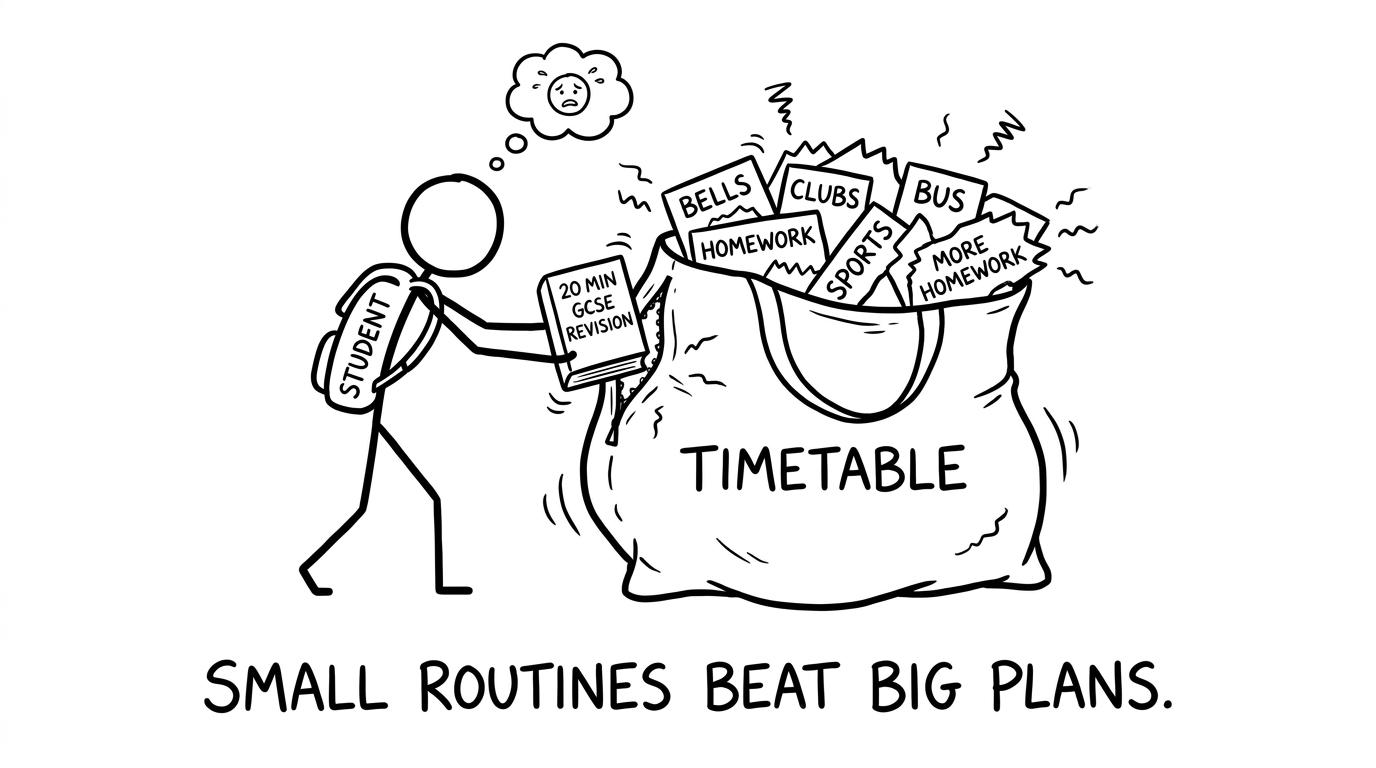 A student trying to squeeze 20 minutes of revision into a busy day