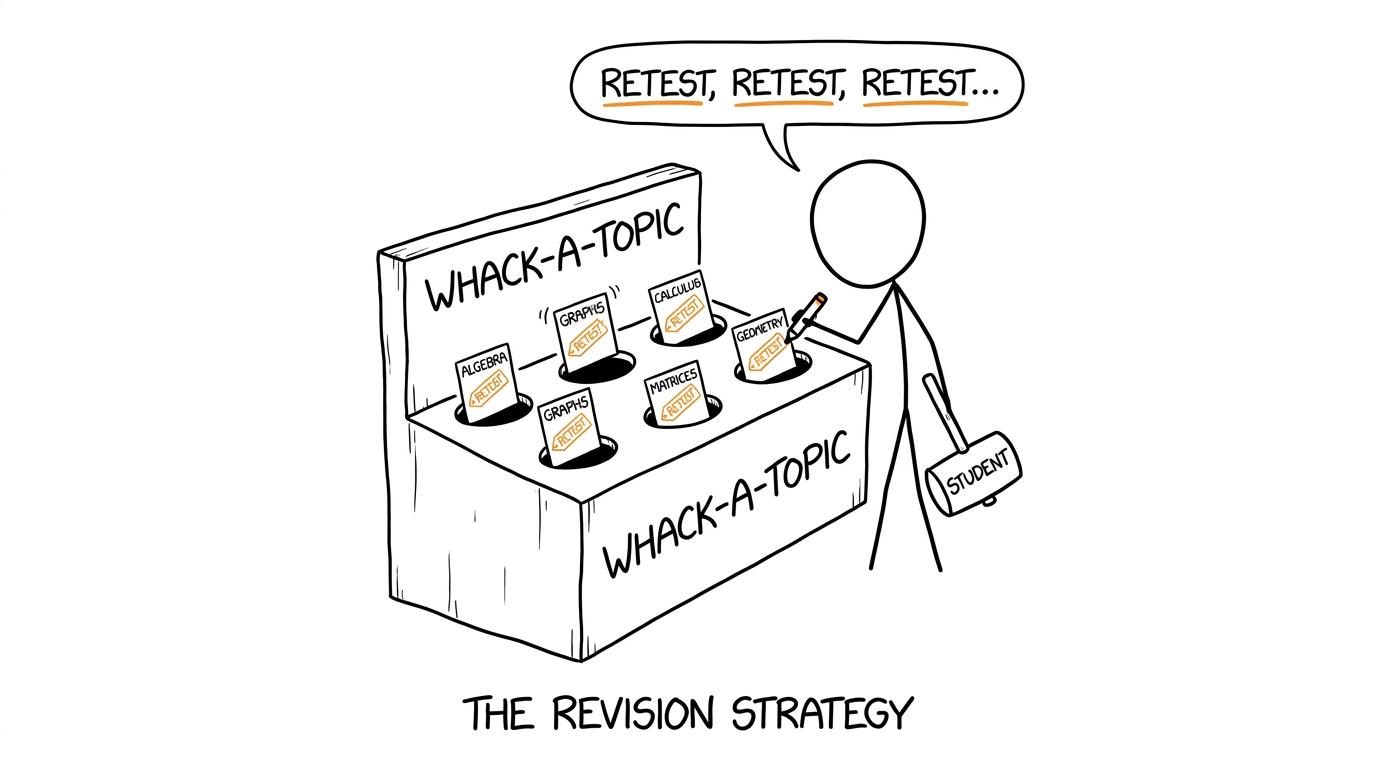 A calm student retests topics instead of playing revision whack-a-mole
