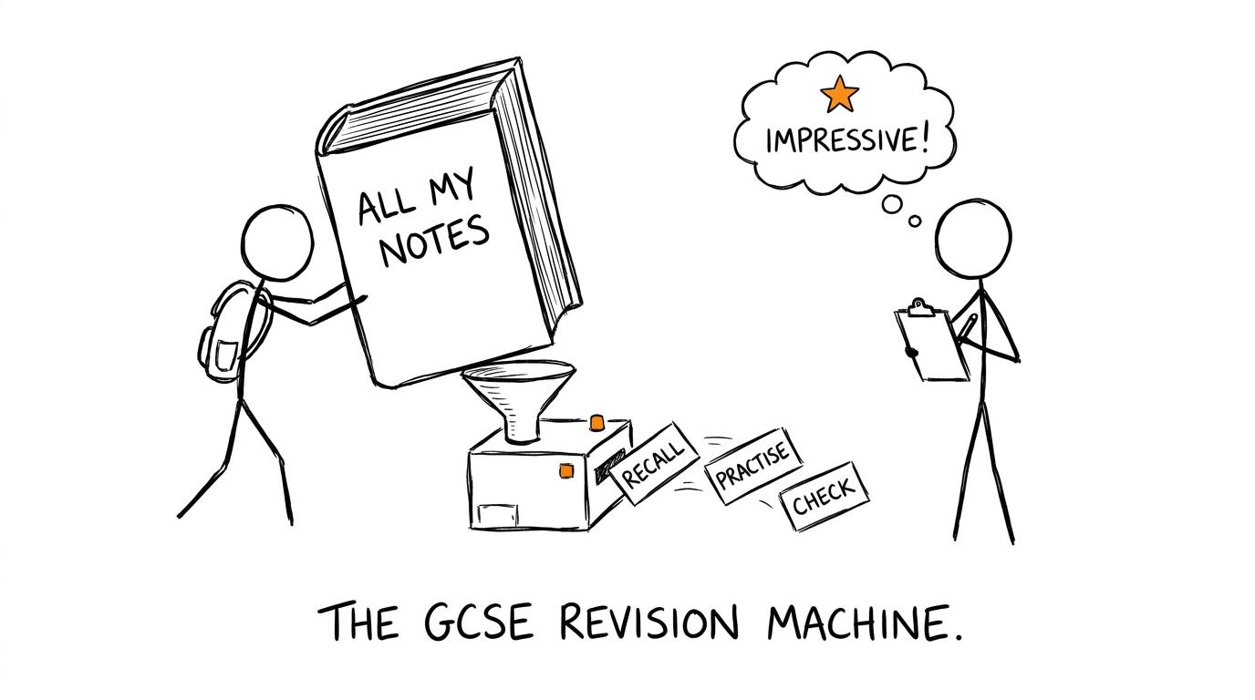 A giant pile of notes being turned into recall, practice and checking