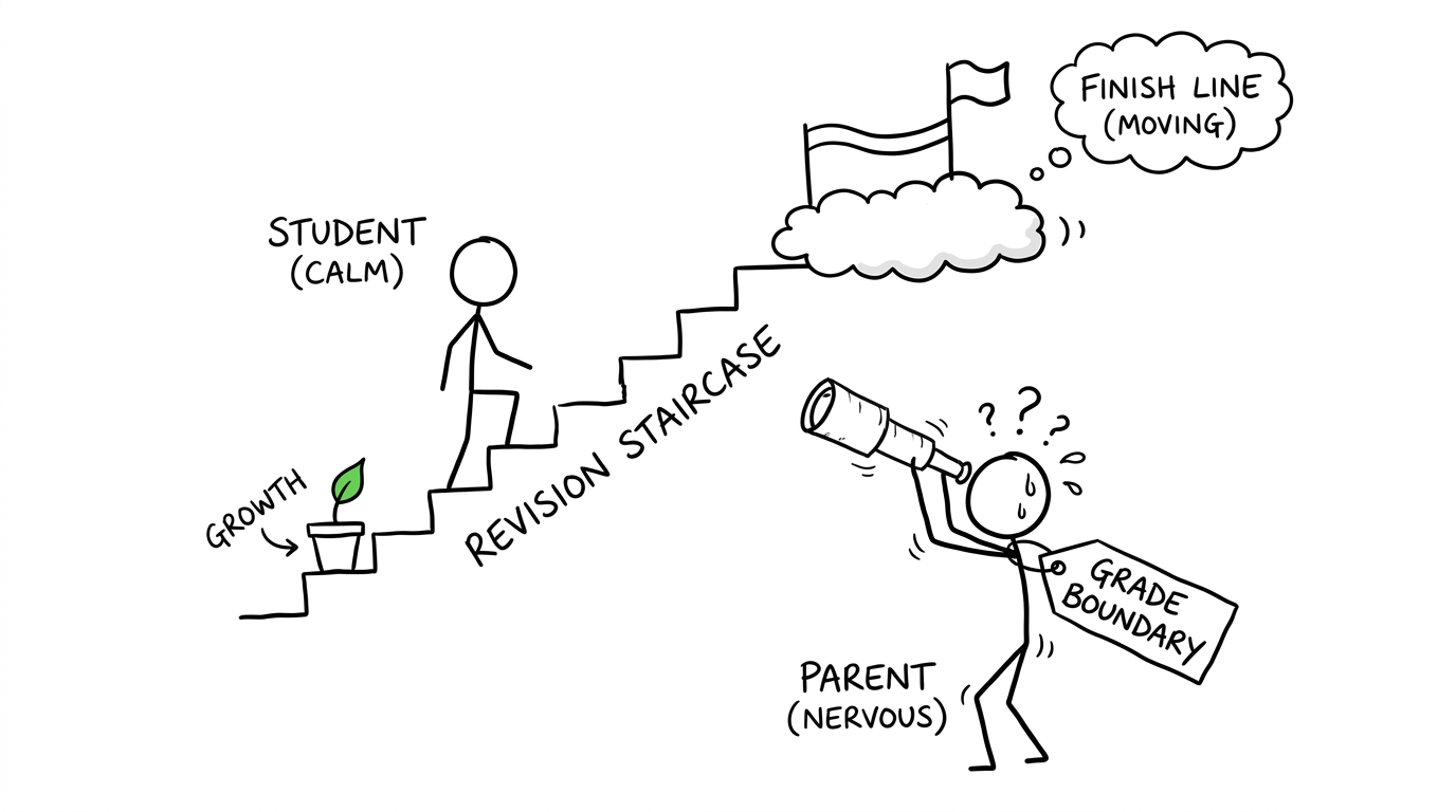 A parent attempting to predict a moving grade boundary while a student revises