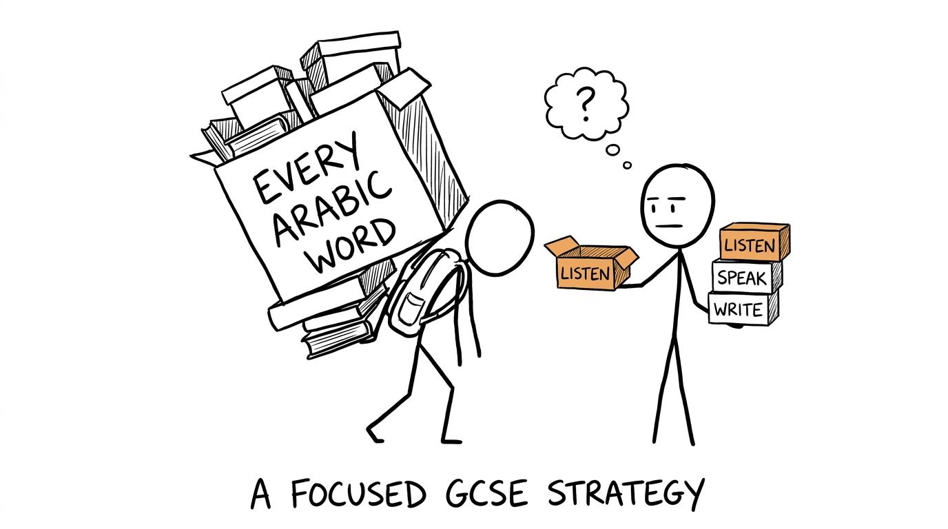 A student choosing focused language skills instead of carrying every Arabic word
