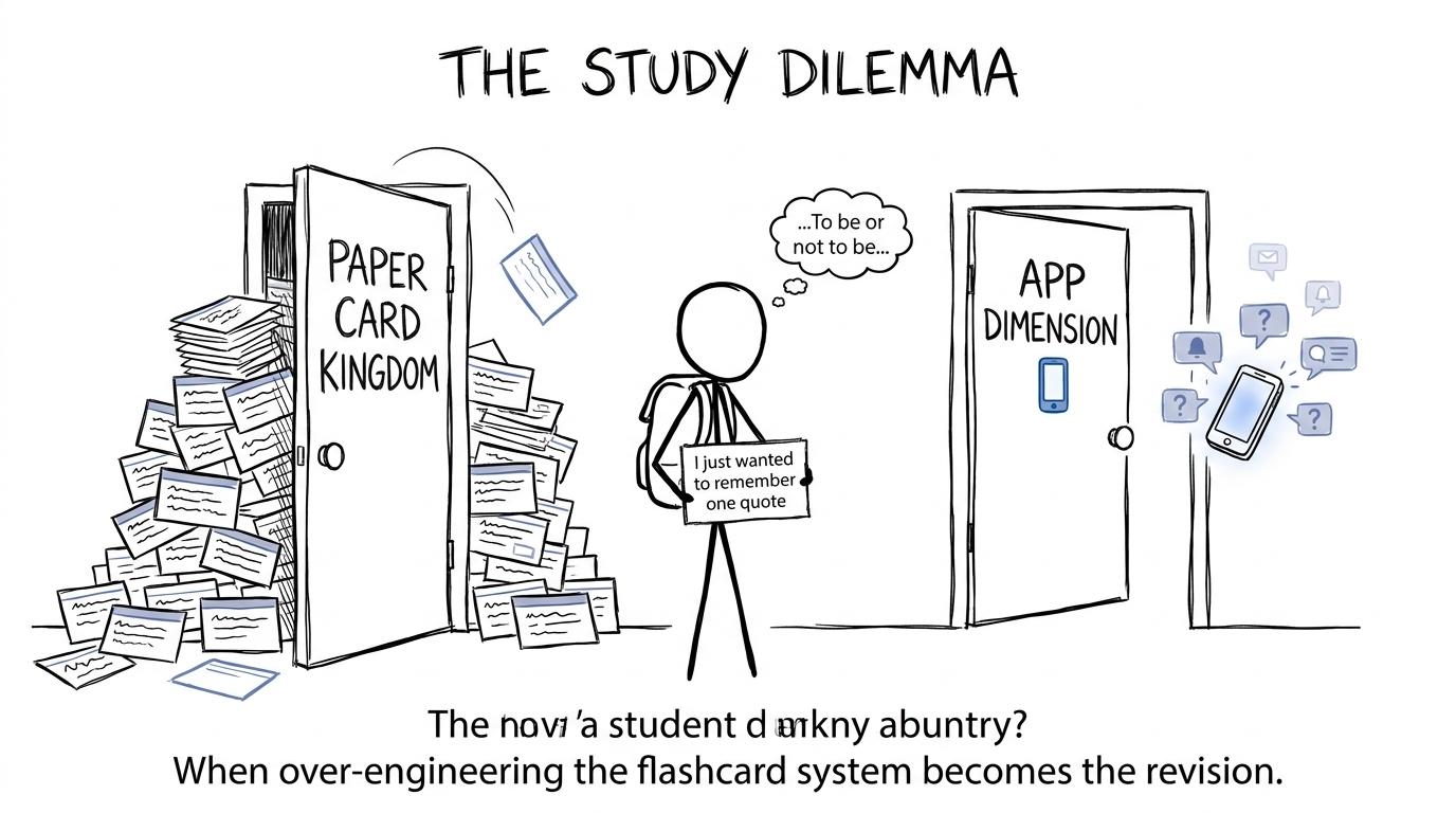 A student choosing between a kingdom of paper cards and an app dimension