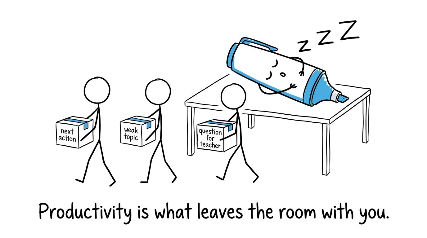 Students leaving revision with useful next actions while a highlighter sleeps