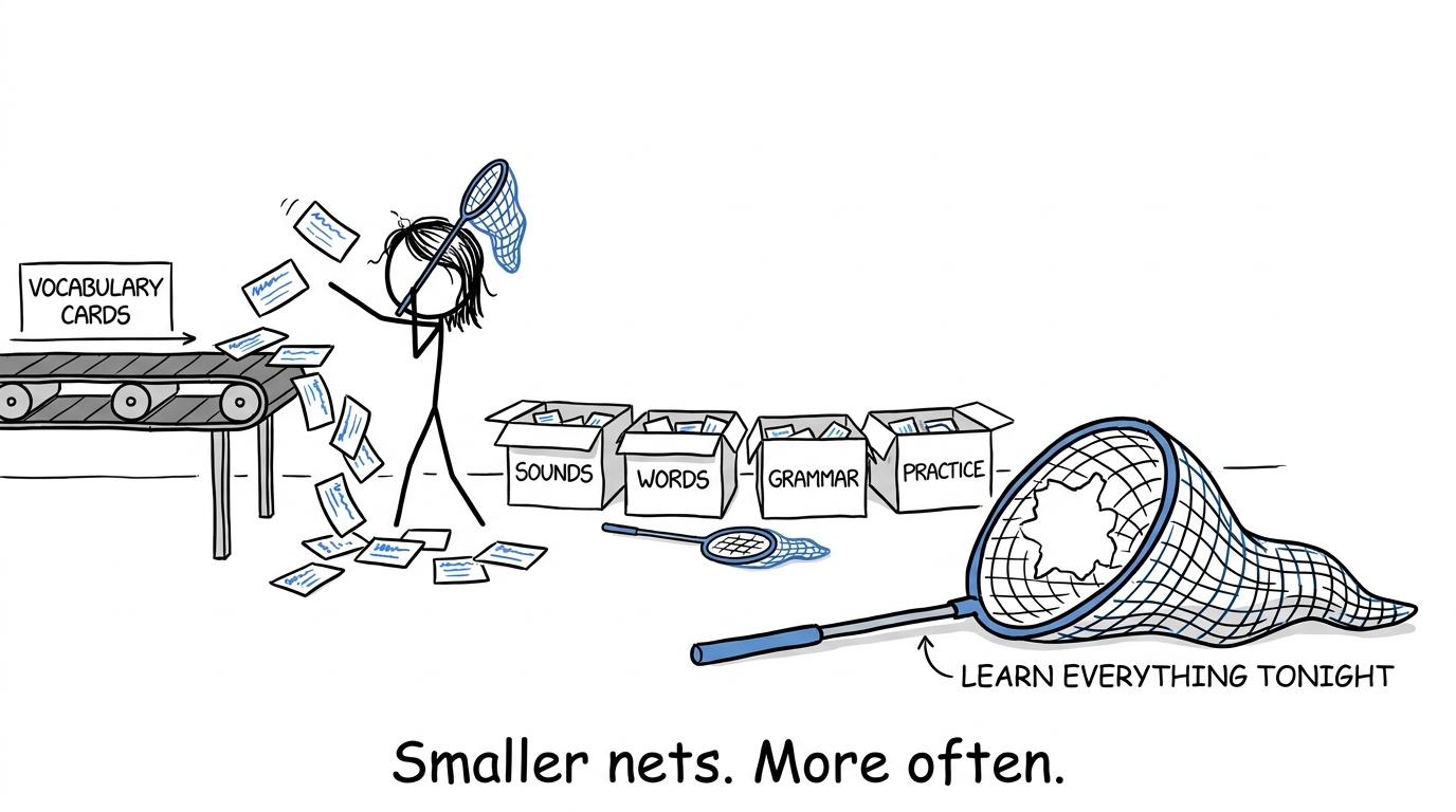 A calm vocabulary system succeeds where learning everything at once fails