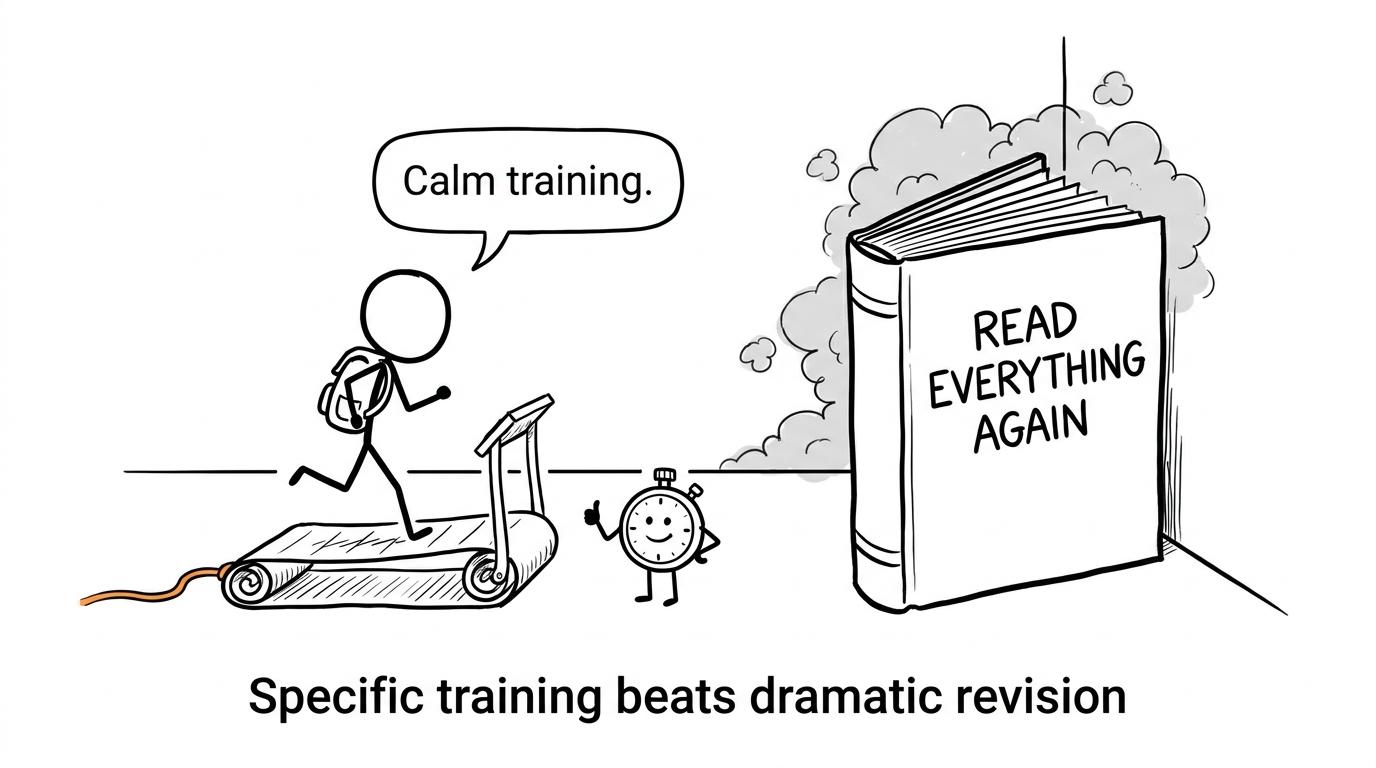 A student trains calmly on a practice-paper treadmill while an enormous rereading book gathers dust