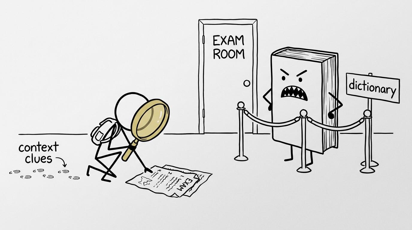 A student following context clues while a dictionary waits outside the examination room