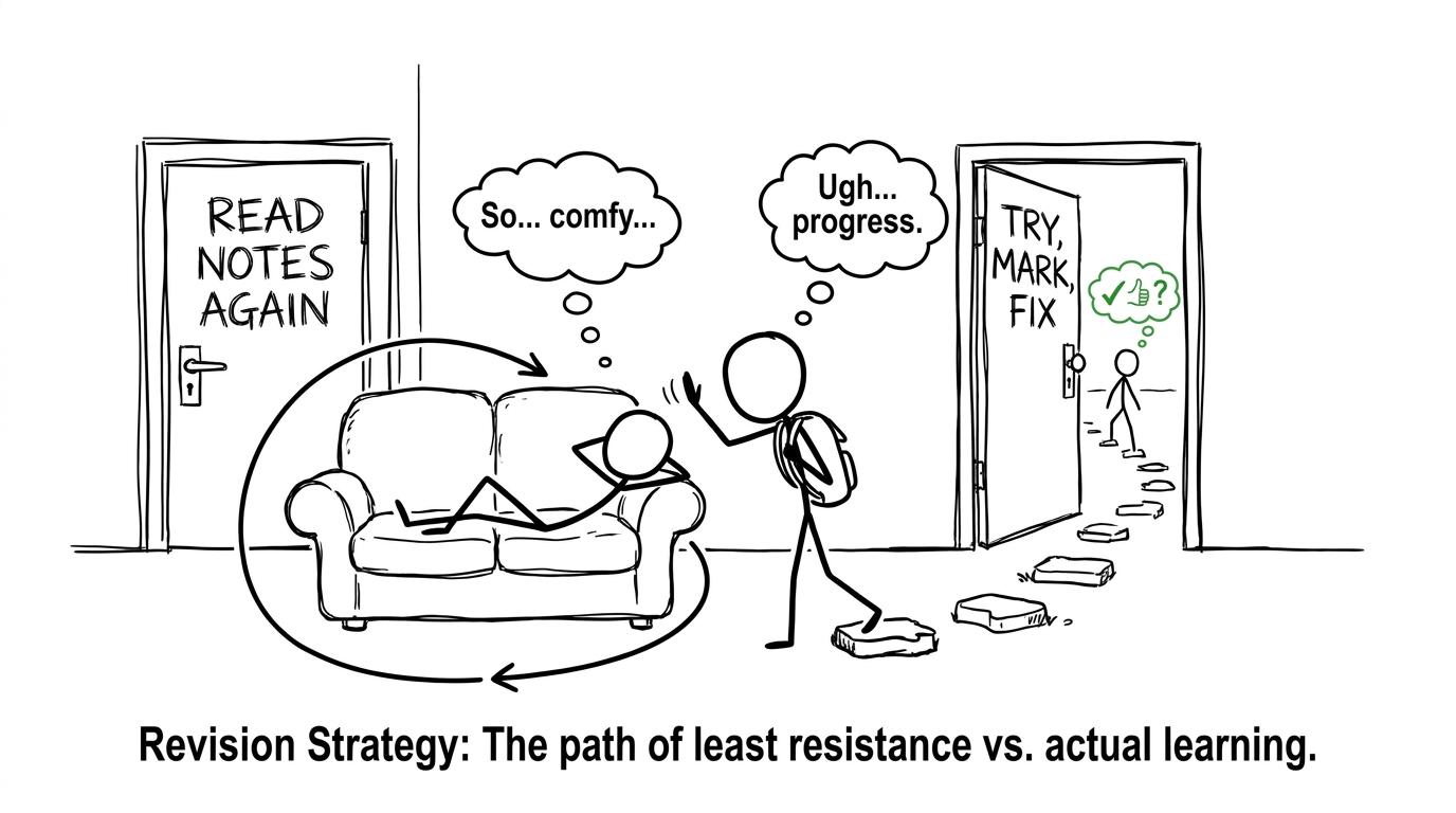 A student leaves the comfortable rereading loop for the try, mark and fix path