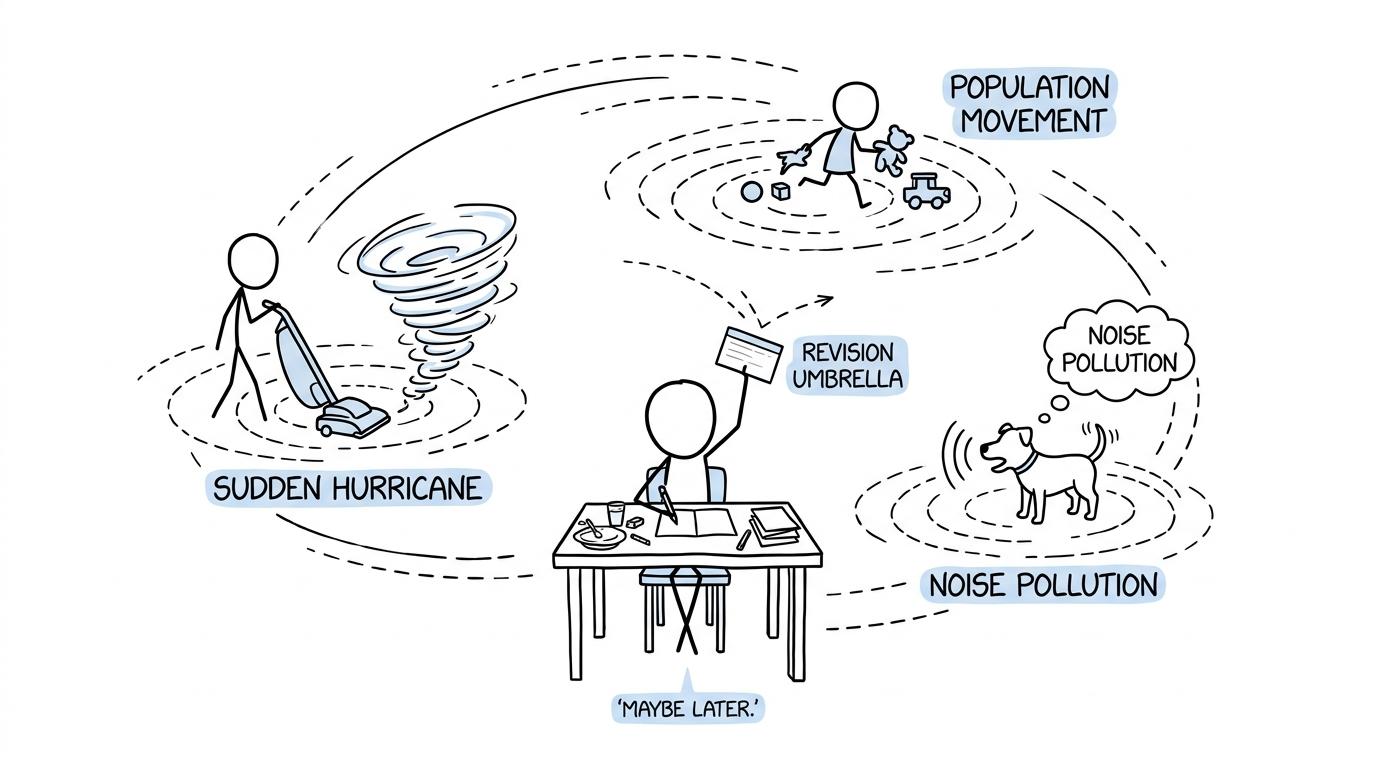 A student calmly revising while household distractions behave like weather systems