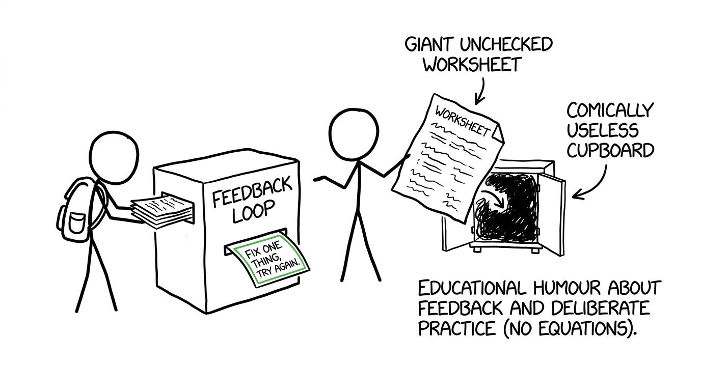 A feedback machine returns one useful correction while an unchecked worksheet vanishes into a cupboard