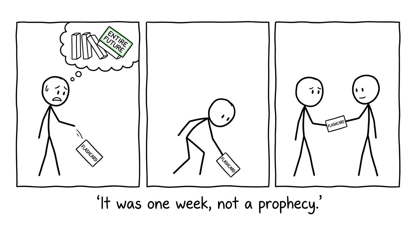 One dropped flashcard is calmly rescued before it becomes an imaginary disaster
