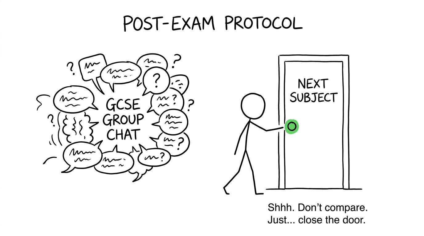 A student closes the door on a noisy post-exam group chat and turns towards the next subject