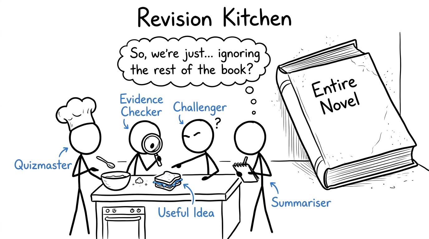 Four group-chat roles prepare one useful idea instead of consuming the entire novel
